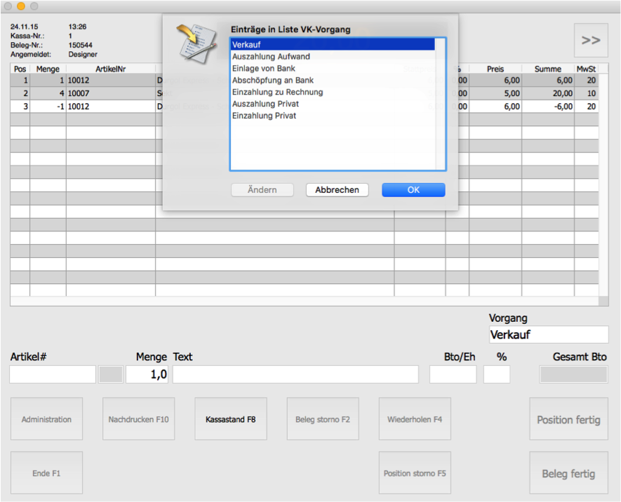 Vorgang bestimmen Kassa