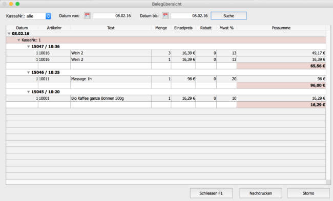 OfficeNo1_Kassasoftware_Beleguebersicht OfficeNo1 Kassasoftware Beleguebersicht