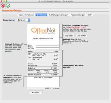 OfficeNo1 Drucklayout Kassaeinstellungen