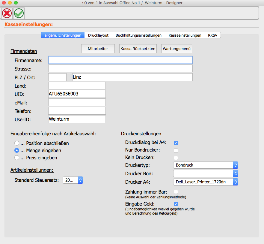 OfficeNo1 Kassasoftware Kassaeinstellungen