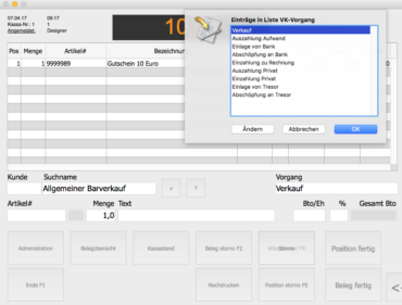 OfficeNo1 Registrierkassa Vorgang Festlegen