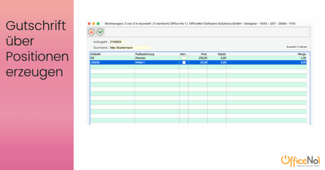 OfficeNo1 Position Gutschrift0Setzen