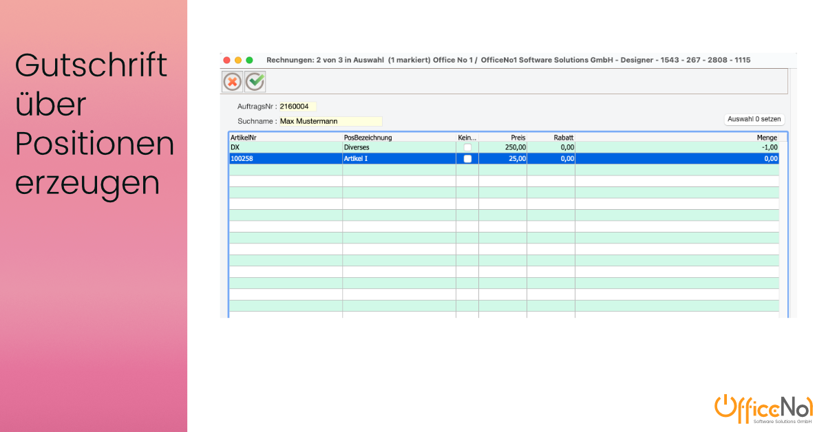 OfficeNo1 Position Gutschrift0Setzen